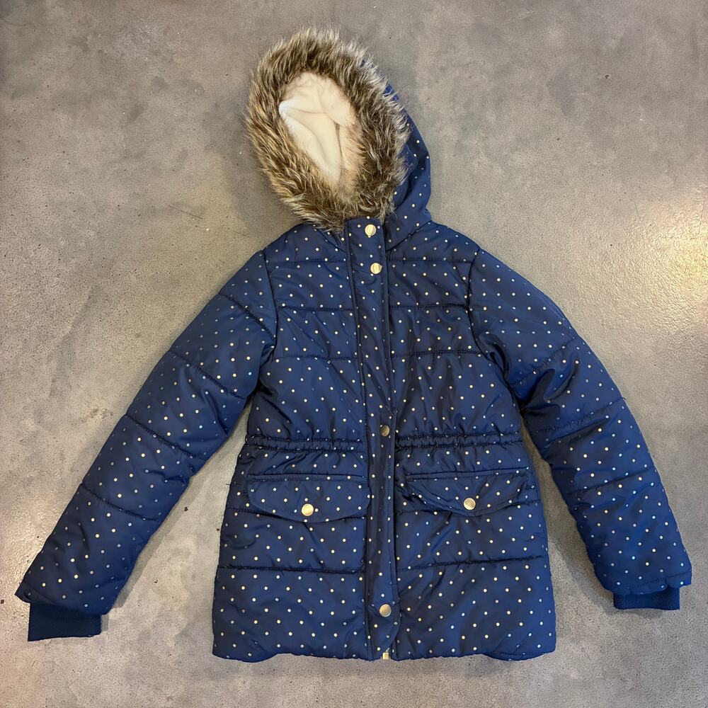 Carters Blue gold polka dot parka puffer jacket girls 8 winter outerwear